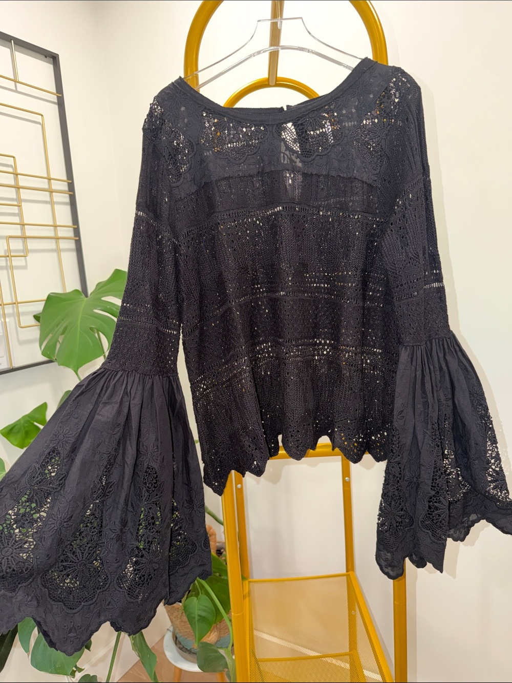 Free People Black Crochet Lace Bell-Sleeve Top